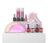 Pink Gellac Juego de uñas de gel UV con lámpara UV de alta calidad, 4 tonos rojos de 15 ml, gel de capa superior, base coat, lima de uñas, removedor y limpiador, para hacer uñas tú mismo en calidad de