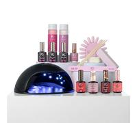 Pink Gellac Juego de uñas de gel UV con lámpara UV de alta calidad negra, 4 tonos rojos de 15 ml, gel de capa superior, base coat, lima de uñas, removedor y limpiador, para hacer uñas tú mismo en