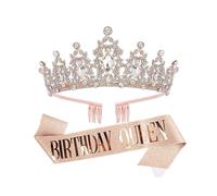 (Pink gold)1 Set Etiquette Belt Set Letter Printed Long Ribbon Rhinestone Inlay Queen Crown Two-piece Set