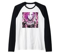 Pink Haired Cyberpunk Anime Girl Aesthetic Manga Style Camiseta Manga Raglan