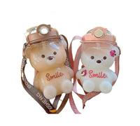 (Pink)Kawaii bear straw kettle, 1000ml cute kettle, can be used as a mobile phone holder, leak-proof, for girls school office travel