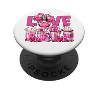 Pink Latte Buffalo Plaid GNOME Love Valentines Coffee PopSockets PopGrip Adhesivo