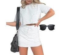 Pink Laura Lounge Cropped tee Skort Set, 2 Piece Summer Skirt Sets for Women, Two Piece Tennis Skirt Set for Women (Grey,L)