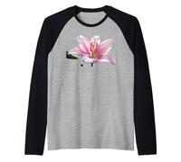Pink Lily Oriental Bloom Floral Botánico Boda Simpatía Camiseta Manga Raglan