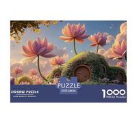 Pink Lotus Flowers and Green Leaves 1000 Piece Papel Premium Rompecabezas Dreamy Flower Village Alivio Estrés Jigsaw Educativo Amigos 38x26cm/1000pcs