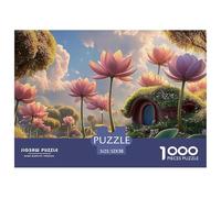 Pink Lotus Flowers and Green Leaves 1000 Piezas Papel Premium Rompecabezas Dreamy Flower Village Alivio Estrés Jigsaw Educativo Amigos 52x38cm/1000pcs