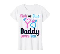 Pink or Blue Daddy Loves You Baby Shower Revelación de género Camiseta gráfica económica, Mujer, Blanco, L