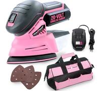 Pink Power Detail Sander - Lijadora de mano eléctrica inalámbrica de 20 V para muebles de madera, mini lijadora de palma con papel de lija, batería de iones de litio y cargador, pequeña lijadora de