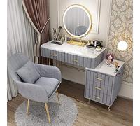 Pink Princess - Juego de tocador para niñas, mesa de maquillaje LED con espejo de brillo ajustable, taburete acolchado y 5 cajones, mesita de noche gris incluida para niños y niñas