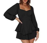 Pink Queen - Mono bohemio para mujer con manga larga, estilo farol, con volantes, capa de mariposa, mini vestido, Negro , S