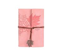 (Pink) Refillable Notebook Travel Journal With 75 Sheets And 6 Rings Leather Binding Covers Leaf Pendant for Writing Journaling Red