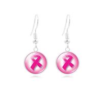 Pink Ribbon Drop Earrings Breast Cancer Awareness Charm Picture Glass Gem Handmade Hook Earrings for Women Friends-Good The Best Gift for your Gi