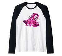 Pink Ribbon Witch Hat Halloween Breast Cancer Awareness Camiseta Manga Raglan