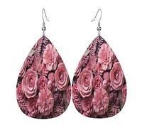 Pink Rose Bundle - Pendientes de piel con forma de lágrima para mujer, aretes colgantes ligeros de PVC, ganchos de plata 925, impresiones de doble cara, regalo hipoalergénico
