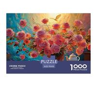 Pink Roses in A Basket A White Porcelain Teapot 1000 Pieza Cartulina Premium Rompecabezas Premium Blooming Roses Extremadamente Difícil Juego Familiar Rompecabezas Para Decoración Del Hogar 70x50cm/10