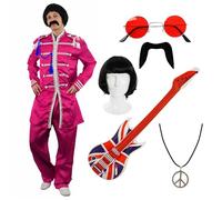 Pink Sgt. Pepper - Conjunto de disfraz inspirado en la pimienta - XL - chaqueta, peluca, guitarra inflable de la bandera británica, gafas redondas, bigote y collar de paz