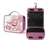 Pink Toile - Trineo navideño con flor de pascua, bolsa de aseo de viaje para mujer, organizador de maquillaje colgante con gancho para champú