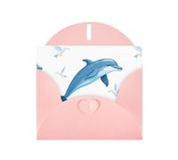 Pink WHJSHOP Dolphins jumping among seagulls - Tarjeta de felicitación, papel nacarado de alta gama, doble cara, efecto perlado, hebilla de amor, sobre de papel perlado
