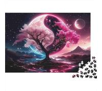 Pink Yin Yang Tree 1000 Piezas Rompecabezas Viaje Adultos Árbol de Cerezo Místico contra Cielo Lunar Cósmico Rosa Premium Resistente Desafiante Alivio Estrés 70x50cm/1000pcs