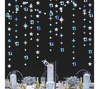 pinkblume Decoración iridiscente de cumpleaños número 13, guirnalda de estrellas centelleantes con lunares circulares, guirnalda metálica para colgar, banderines, telón de fondo de año 13, suministros
