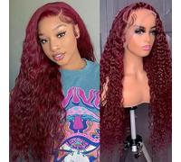 Pinketer Pelucas de cabello humano ondulado profundo con encaje frontal de 13 x 4 pulgadas, pelucas onduladas y mojadas de 180 % de densidad, peluca rizada 99j para mujeres negras, pelucas de colores