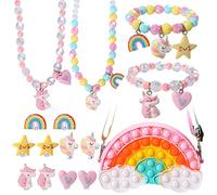 Pinkgarden Arcoíris Joyas Juego Bolsa para Niñas, Unicornio Collar Pulsera Clip para Niñas el Cabello, Mejor Regalo