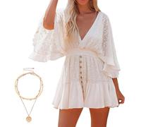 Pinklaura Lace Romper Dress, 2025 New Women's Lace Crochet Romper Dress, V Neck Dresses with Built-in Shorts (White,M)