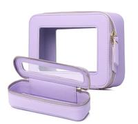 Pinkmik Bolsa de maquillaje transparente de viaje con estuche para brochas aprobado por la TSA, impermeable, organizador de cosméticos con cremallera, esencial para mujer, X/Morado, M+SLIM, Juego de