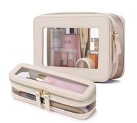 Pinkmik Bolsa de maquillaje transparente de viaje con estuche para cepillos, aprobado por la TSA, bolsa de aseo impermeable, organizador de cosméticos para coche, esencial para mujeres, Beige, M+SLIM