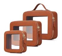 Pinkmik Bolsa de maquillaje transparente impermeable para viaje para cosméticos y artículos de tocador, organizador de bolso para mujer y bolsa transparente para coche con cremallera, X/marrón,