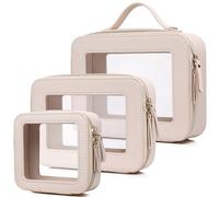 Pinkmik Bolsa de maquillaje transparente para viaje, para cosméticos y artículos de tocador, bolsa de brochas y bolsa transparente para coche con cremallera, D/Beige, L+M+Mini, Juego de maquillaje