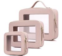 Pinkmik Bolsa de maquillaje transparente para viaje, para cosméticos y artículos de tocador, bolsa de brochas y bolsa transparente para coche con cremallera, D/Rosa, L+M+Mini, Juego de maquillaje