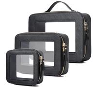 Pinkmik Bolsa de maquillaje transparente portátil para brochas de viaje, neceser de maquillaje transparente con cremallera para mujer, Negro -, L+M+MINI, Juego de maquillaje transparente de viaje