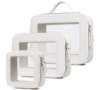 Pinkmik Bolsa de maquillaje transparente portátil para brochas de viaje, neceser de maquillaje transparente con cremallera para mujer, Blanco, L+M+MINI, Juego de maquillaje transparente de viaje