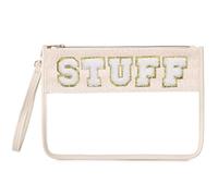 Pinkmik Bolsa transparente de felpilla con cremallera para viajes, bolsa de aperitivos transparente con letras para maquillaje para mujer, Stuff-1, Bolsa de chenilla transparente con cremallera