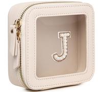 Pinkmik Mini bolsa de maquillaje transparente personalizada con inicial, estuche de maquillaje pequeño y bolsa de aseo personal, regalo de cumpleaños para mujeres, j, Mini/Beige, Mini estuche de