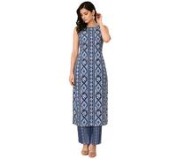 Pinkmint Juego de ropa de verano para mujer, de puro algodón batista, sin mangas, estampado kurta con pantalones, conjunto de ropa de verano, más casual, Azul3, M