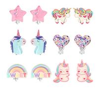PinkSheep Pendientes de Clip de Unicornio Brillantes y Arco Iris para Niñas y Niños, 6 Pares, Mejor Regalo