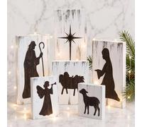 Pinkunn Juego de 6 piezas de mesa de belén de Navidad con luces LED, bloque de madera rústica, figuras de belén para decoración de mesa de interior del hogar
