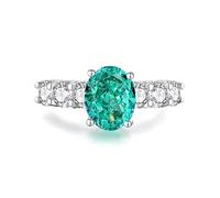 Pinky Ring Damen, Verlobungsringe mit 8X10mm 4 Krappen Ovaler form Paraíba und Moissanit Silber Platin Größe 49 (15.6)