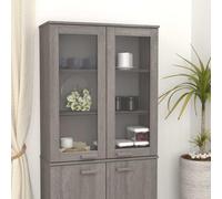 Pino macizo con puertas de vidrio tres estantes HAMAR gris 85x35x100 cm | Aparador Superior HAMAR Pino Macizo Gris Claro 85x35x100 cm Vitrina Almacenaje con Puertas de Vidrio para Salon y Comedor