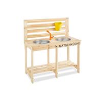 PINOLINO Cocina de Barro Malu, Cocina Infantil de Abeto Macizo con 2 Cuencos de Acero Inoxidable, Grifo, conexión de Manguera y depósito de Agua extraíble, para niños a Partir de 3 años