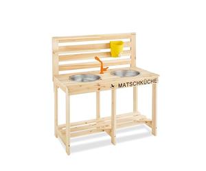 PINOLINO Cocina de Barro Malu, Cocina Infantil de Abeto Macizo con 2 Cuencos de Acero Inoxidable, Grifo, conexión de Manguera y depósito de Agua extraíble, para niños a Partir de 3 años