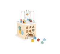 PINOLINO Cubo de habilidades motrices 'Sanna', de madera, 10 piezas con 3 bolas, 6 tacos, bucle de motricidad, lacado de colores, naturaleza