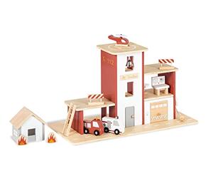 PINOLINO Parque de bomberos para Niños 'Ben', de madera, 12 piezas, con garaje, poste deslizante y manguera enrollable, rojo