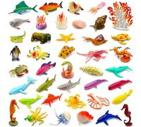 Pinowu Figuras de animales marinos del océano (50 piezas), juego de juguetes de goma de vinilo surtidos, juguete de baño realista de criatura marina para regalo de fiesta infantil, decoración de