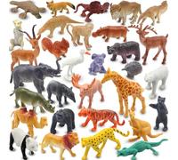 Pinowu Figuras de Mini Animales Salvajes del Zoo Realistas, 32 Piezas, Regalo de Plástico para Enseñanza y Fiesta, Incluye León, Hipopótamo, Tigre, Oso, etc