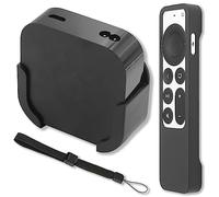 Pinowu Soporte de montaje en pared compatible con Apple TV 4K 2022, soporte de montaje en pared con funda protectora de silicona negra para mando a distancia