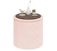 PINPLUS Puff Almacenaje Plegable con Tapa Reversible, Taburete Otomano Redondo Teddy Bouclé, Reposapiés para Salón o Dormitorio, Ø 43 x 45 cm, Rosa