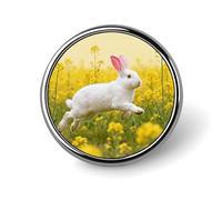 Pins de solapa esmaltados con forma de conejo entre flores de colza en el desierto rojo de Marte - Broches redondos y bonitos, unisex para ropa, sombreros, bolsos y mochilas